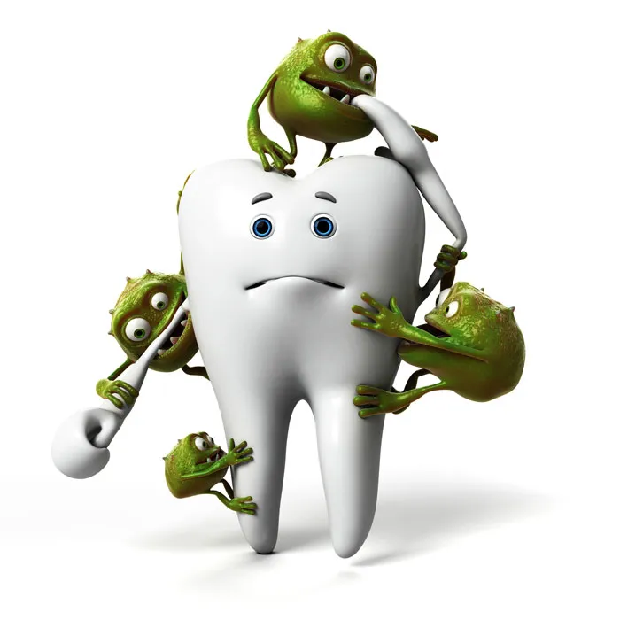 digital cartoon of a tooth with bacteria on it
